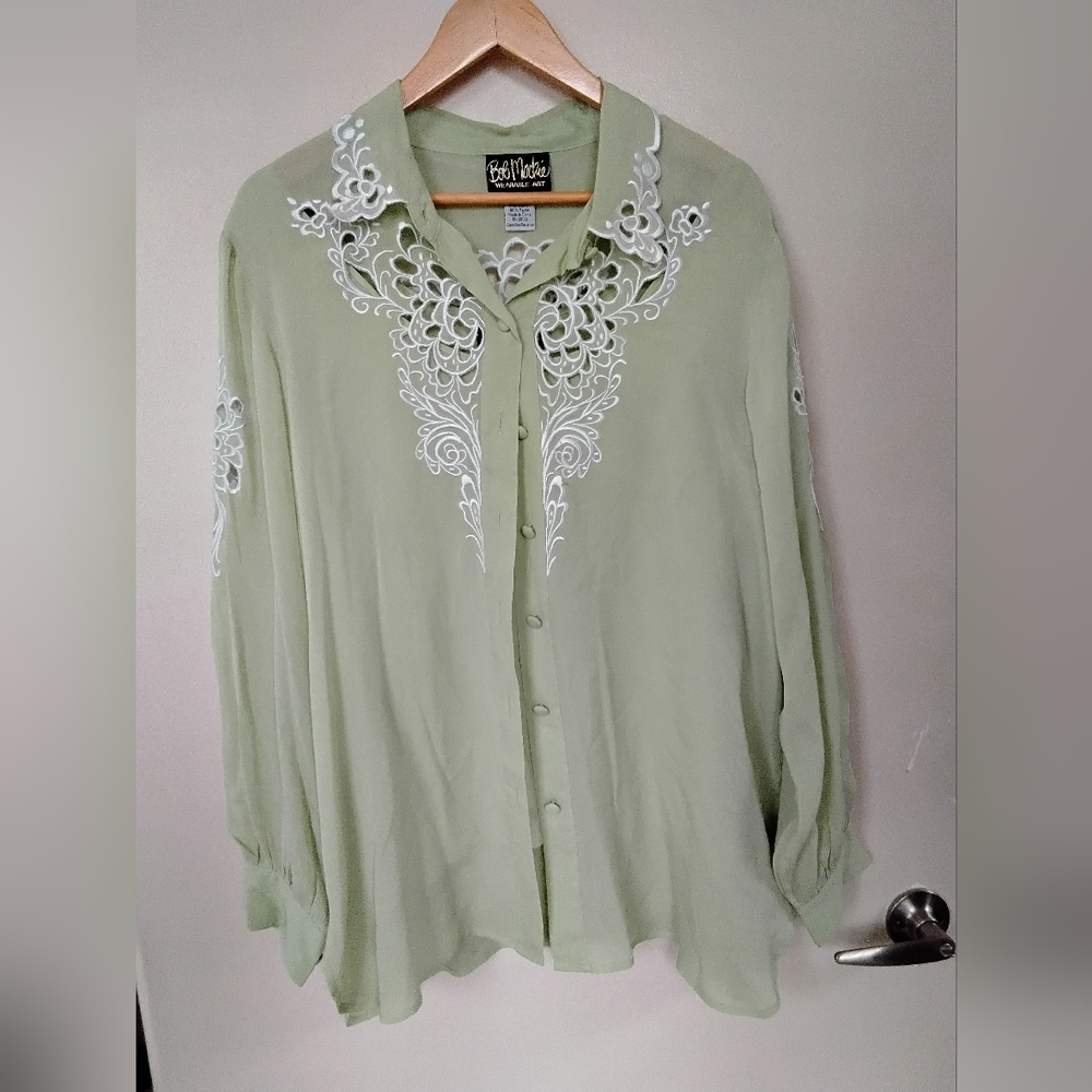 Bob Mackie Sage Button Blouse with Matching Cami White Embroidery